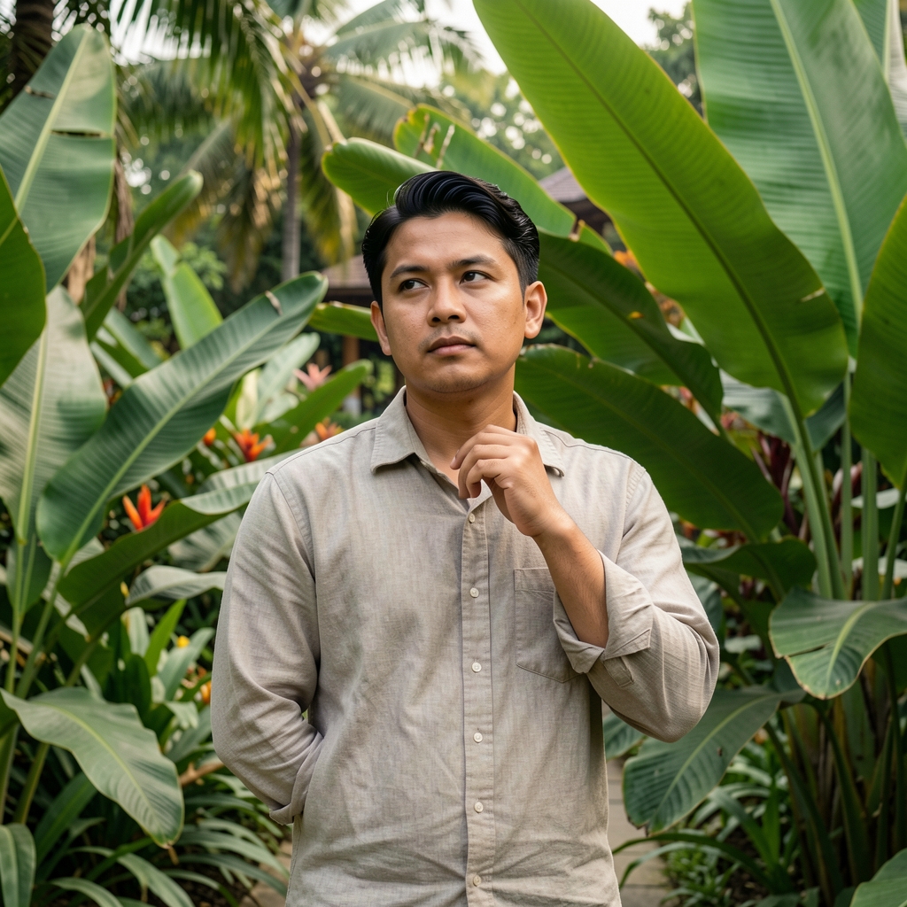 Man standing thoughtfully in a Jakarta garden surrounded by broad tropical leaves