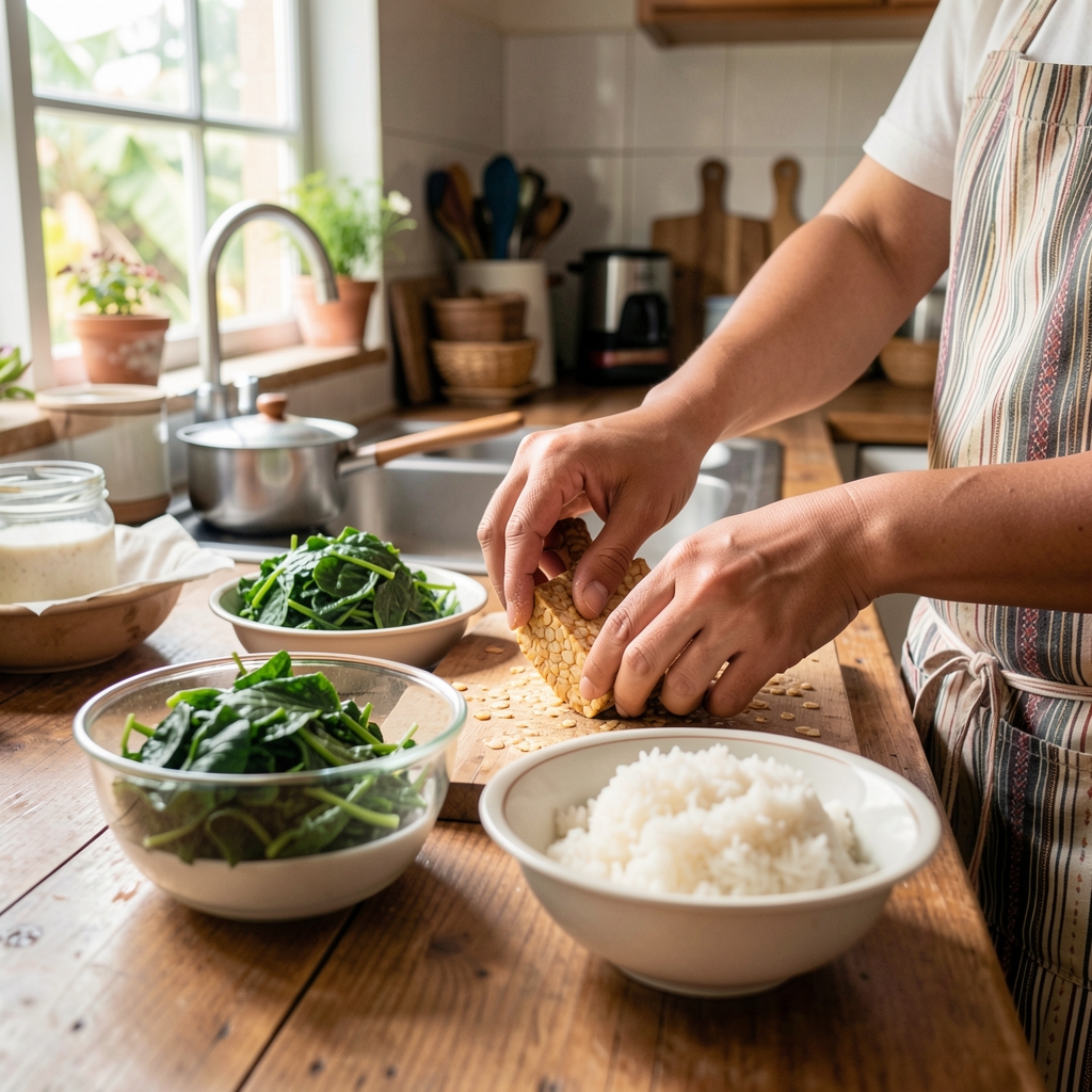 Hands preparing tempeh, greens and rice in a bright Indonesian kitchen