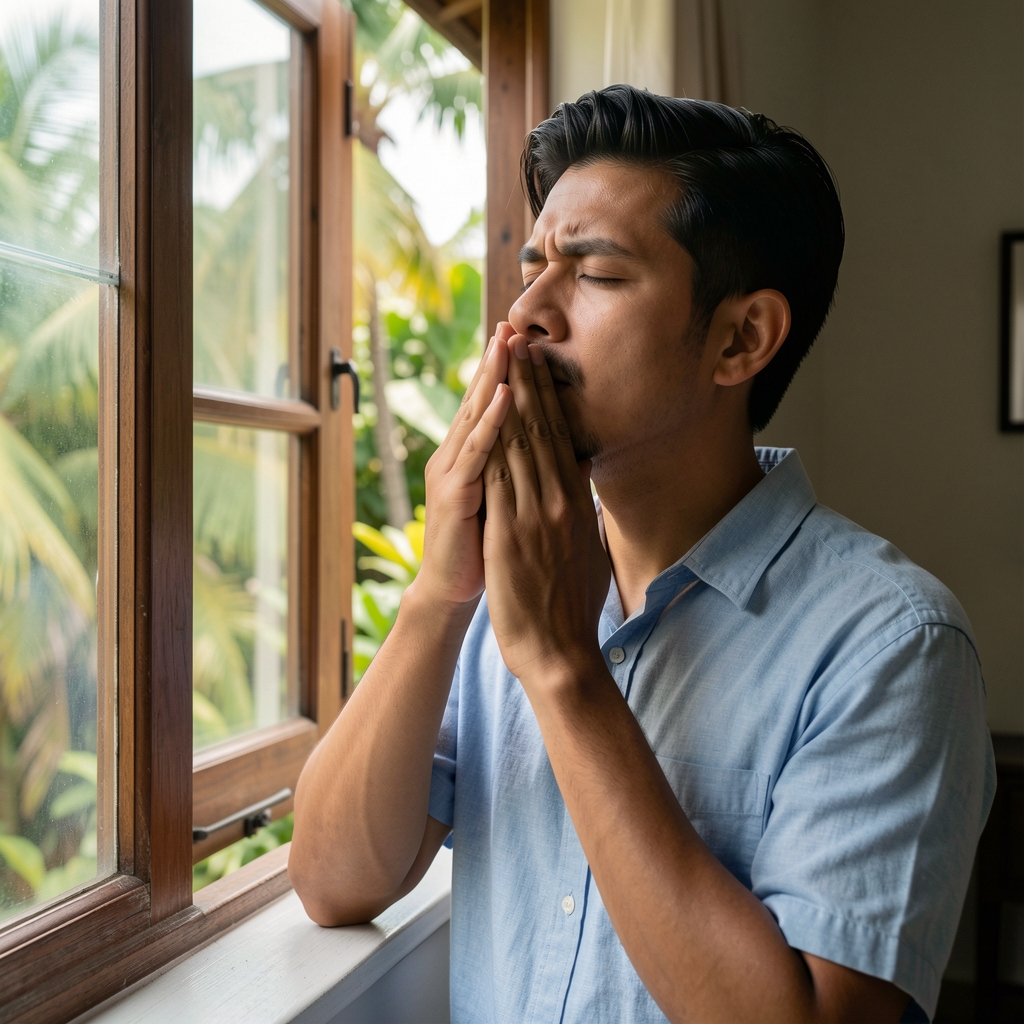 Man practicing slow breathing beside an open window with soft tropical daylight