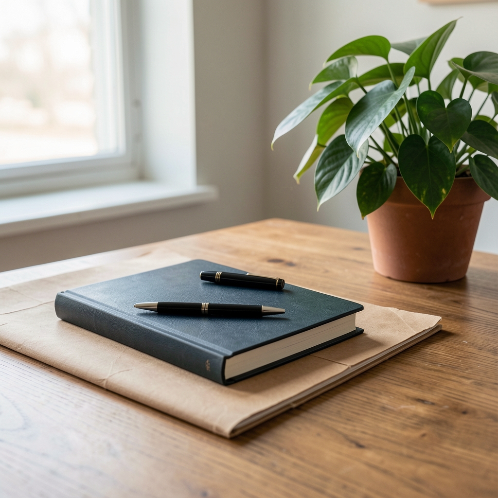 Welcoming editorial studio table with address book, pen and leafy plant