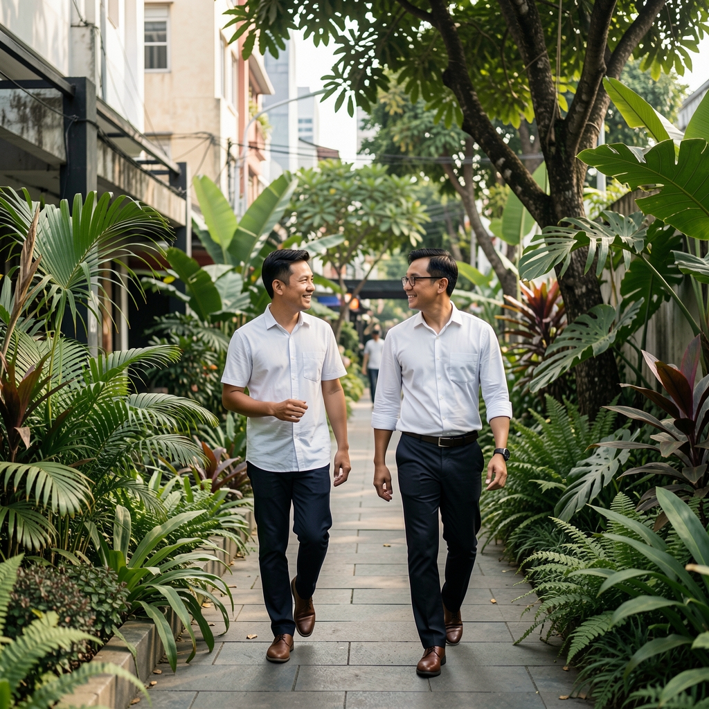 Two adult men walking and talking beside a leafy urban garden in Jakarta