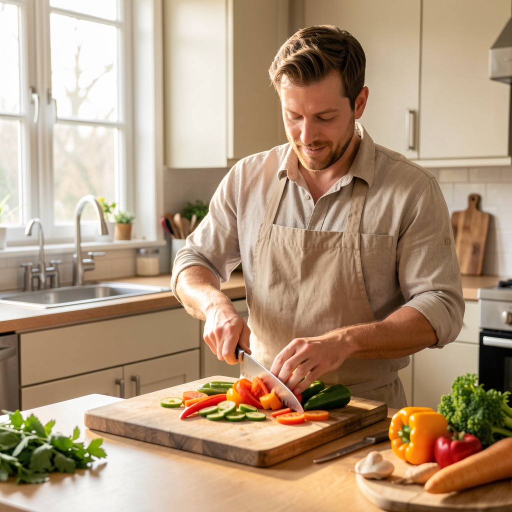 Man chopping colourful vegetables on a wooden board in a sunlit home kitchen