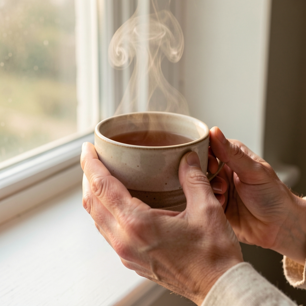 Hands holding a ceramic cup of warm tea beside a window with soft morning light