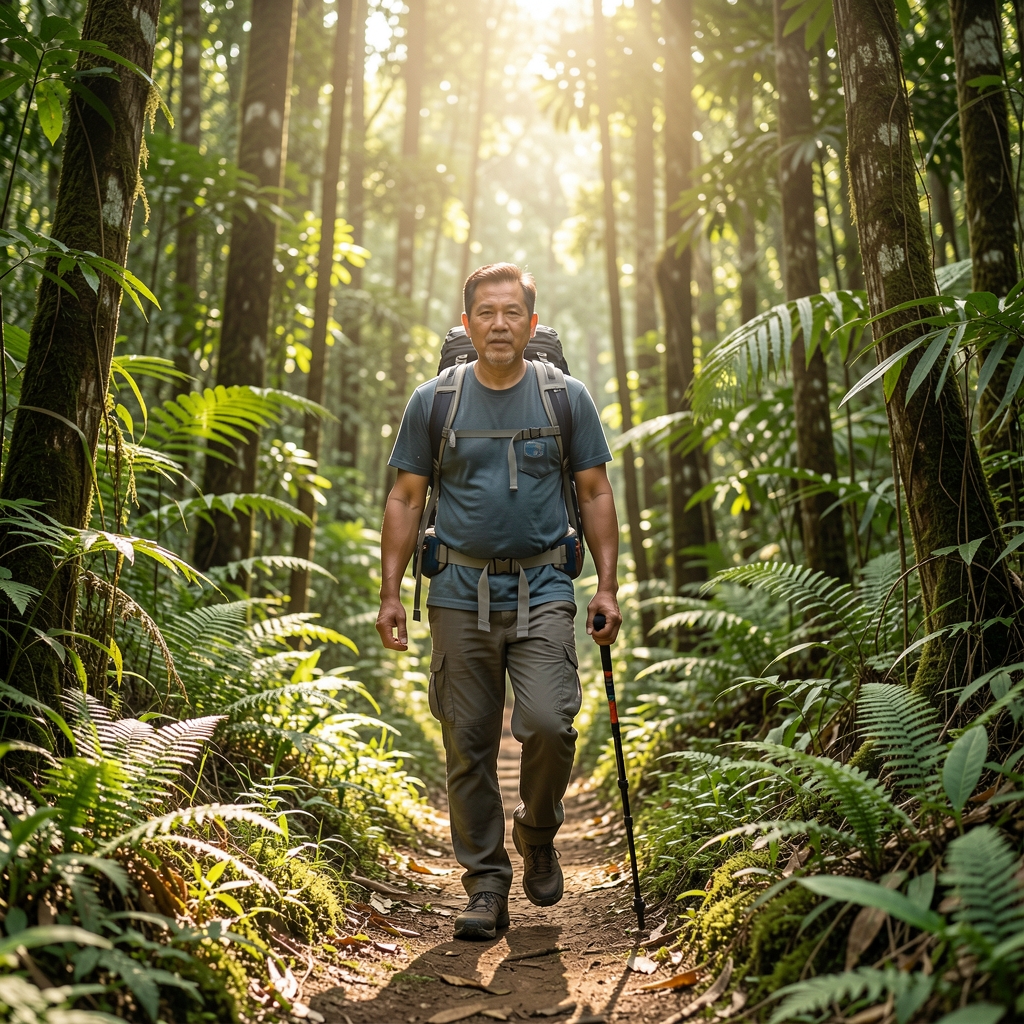 Middle-aged Indonesian man hiking on a green forest trail with sunlight through the trees