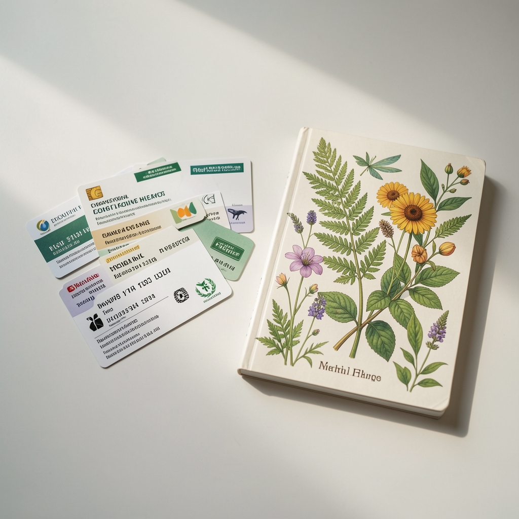 Plain-language health cards arranged beside a botanical field guide