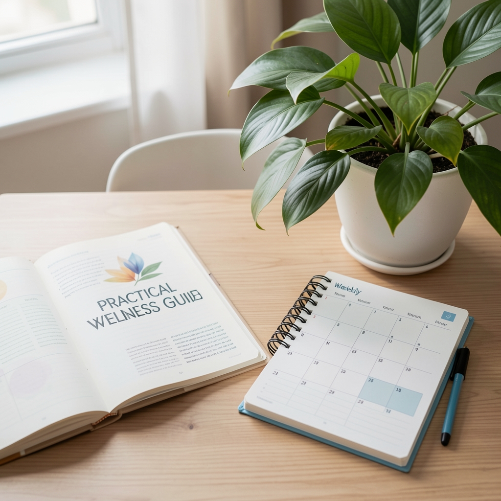 Open practical wellness guide beside a weekly planner and tropical houseplant