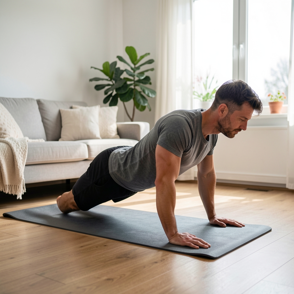Man practicing a controlled bodyweight exercise on a mat in a bright home room