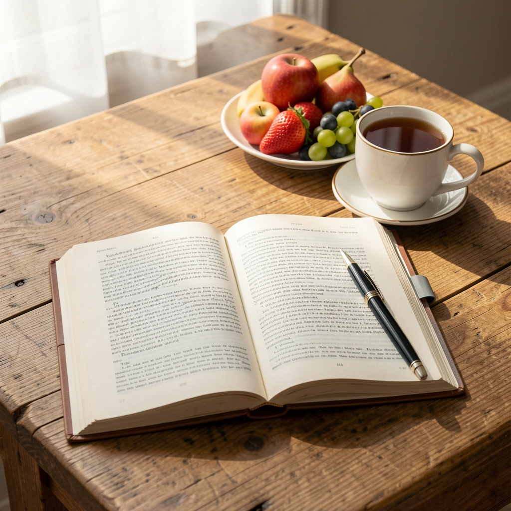 Open journal beside tea, fruit and a pen on a natural wood desk