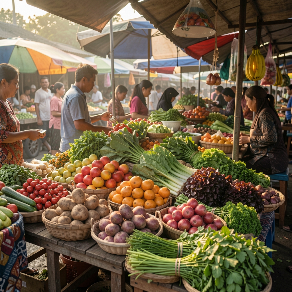 Fresh produce and herbs arranged at an Indonesian market stall in morning light