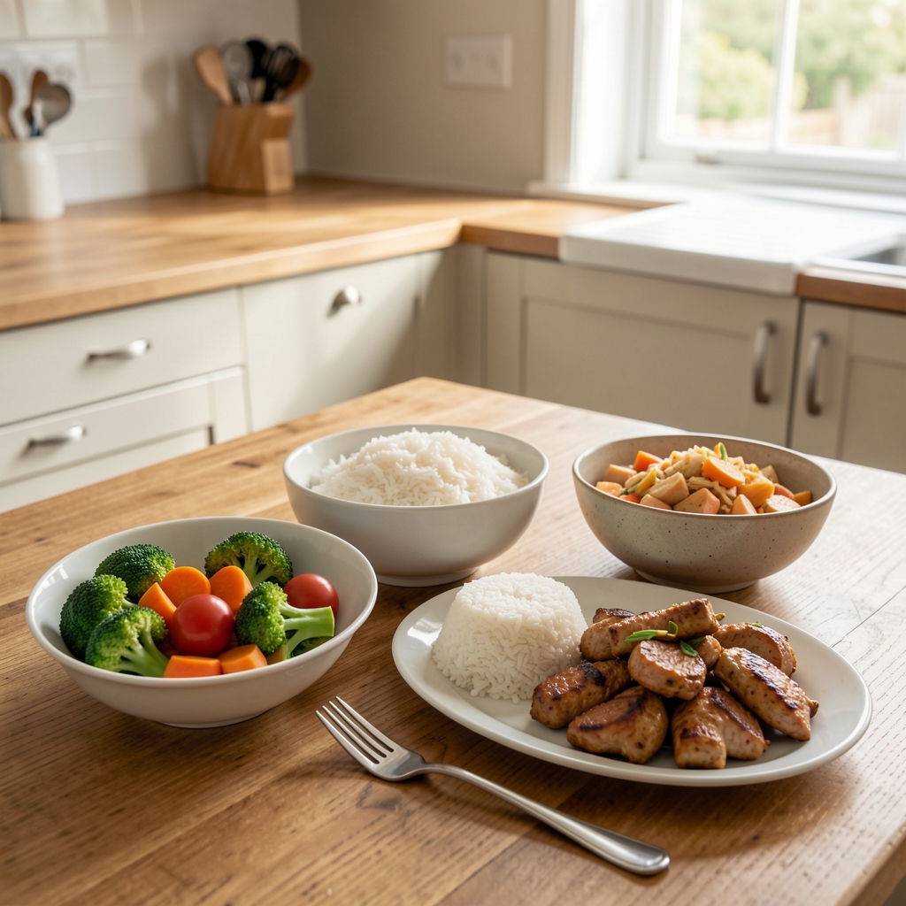 Simple weekly meal plan with vegetables, rice and protein on a kitchen table