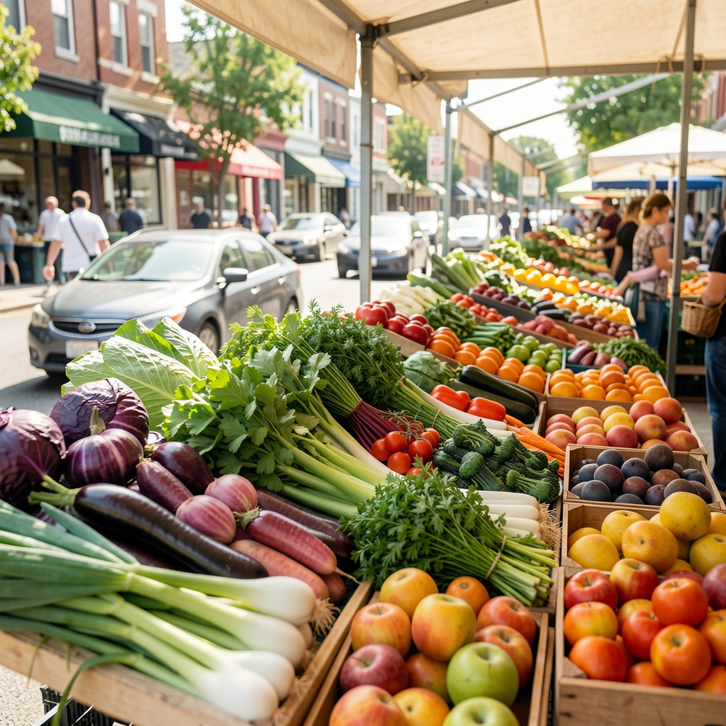 Fresh vegetables, herbs and fruit arranged at a bright neighborhood market stall