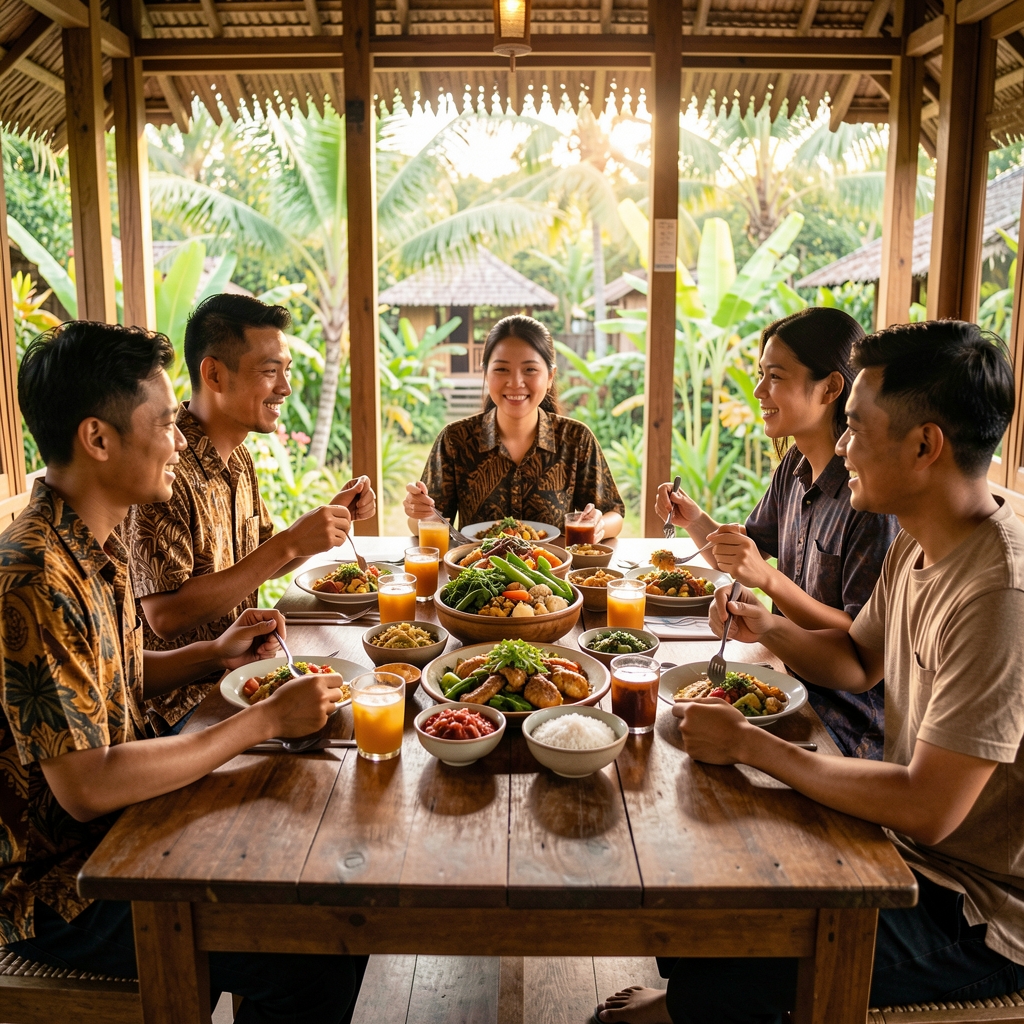 Friends sharing a colorful home-cooked meal around a wooden table in Indonesia