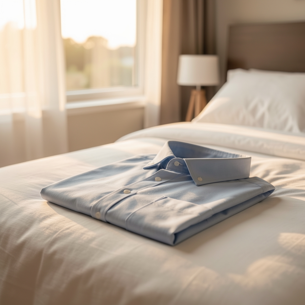 Soft dawn light entering a bedroom beside a neatly folded morning shirt