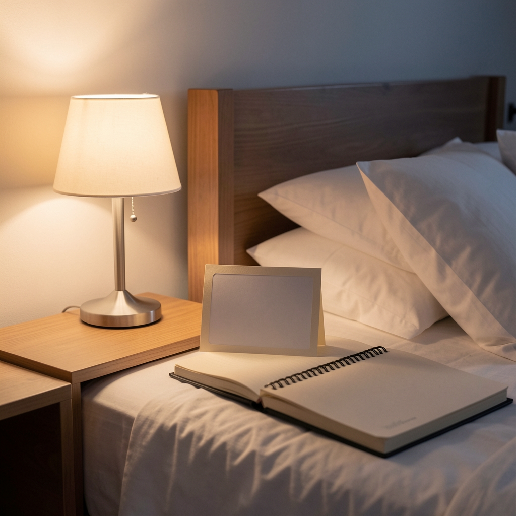 Bedside planning card with lamp, journal and quiet evening setting
