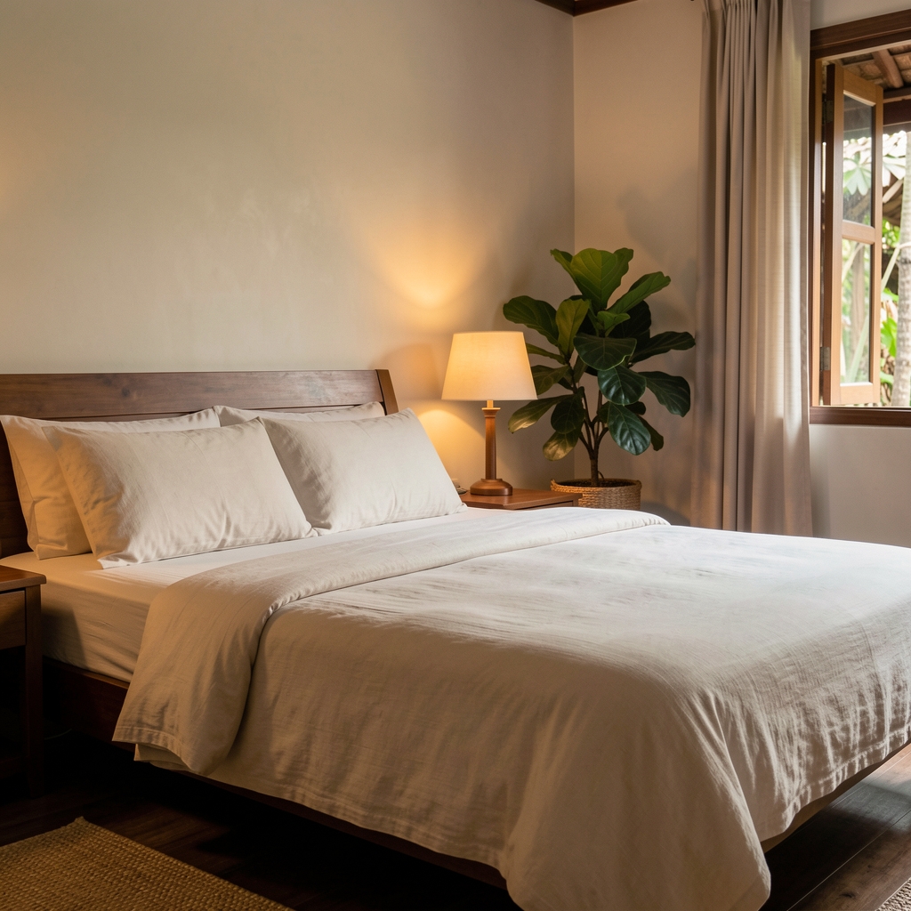 Quiet bedroom with linen bedding, warm lamp and leafy plant in an Indonesian home